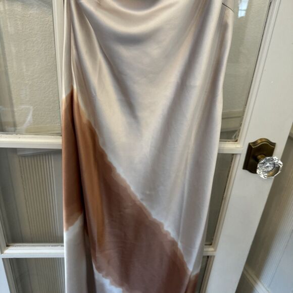 One Shoulder Satin Midi Dress Women's M Beige Brown Side Zip - Picture 3 of 10